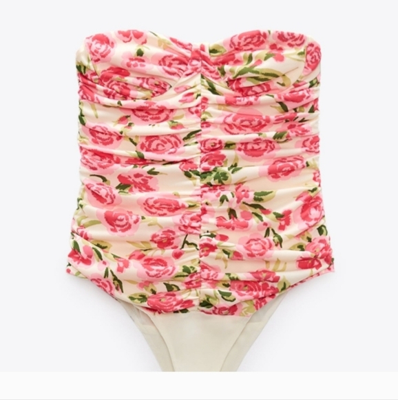 ZARA Bustier Rose Floral Strapless Bodysuit In Pink/green. Size XS - Picture 4 of 15